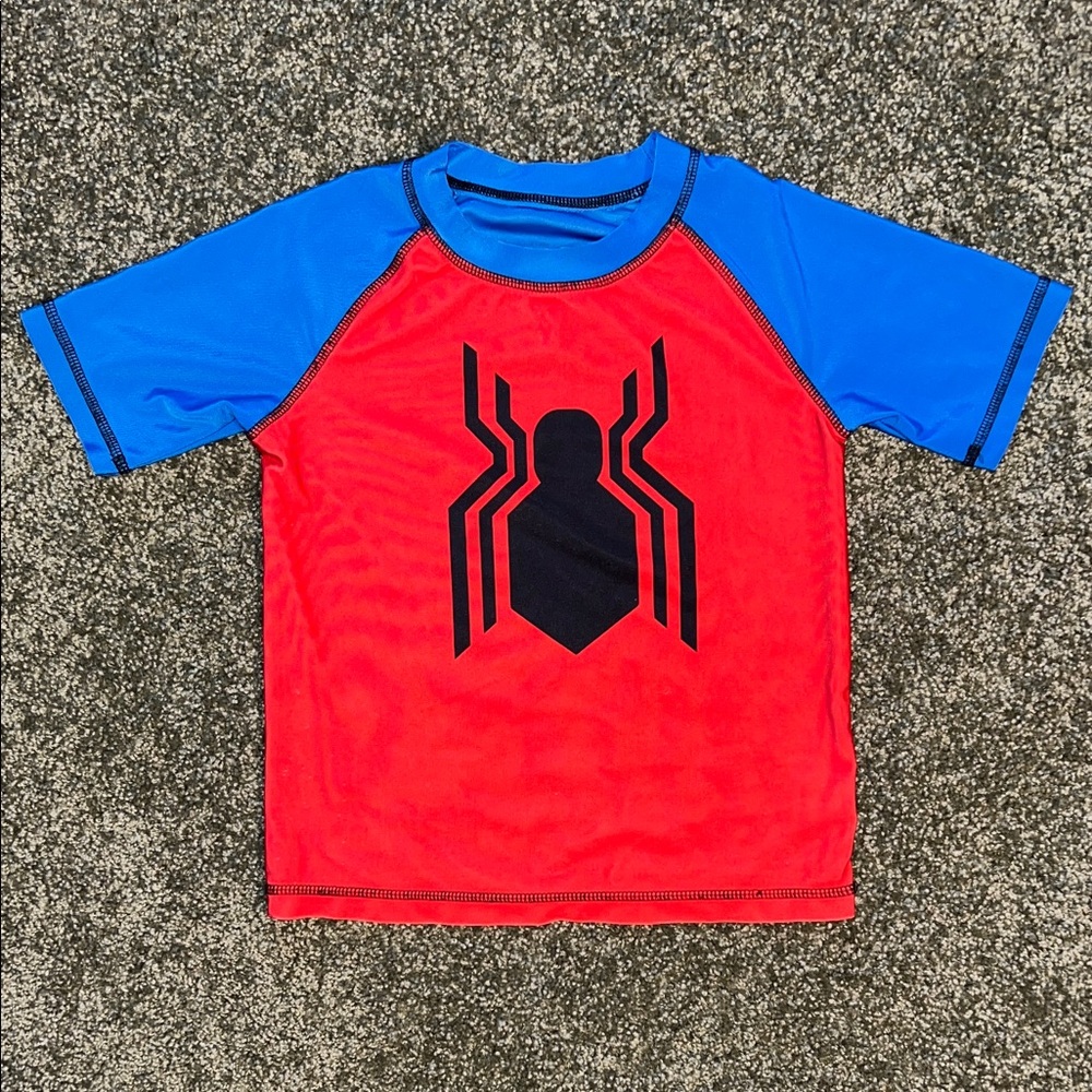 Kids Red and Blue Spider Graphic Swim Shirt Rashguard